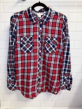 Khakis & Co Red Blue Plaid Patriotic Style Button Down layering Shirt Size L EUC